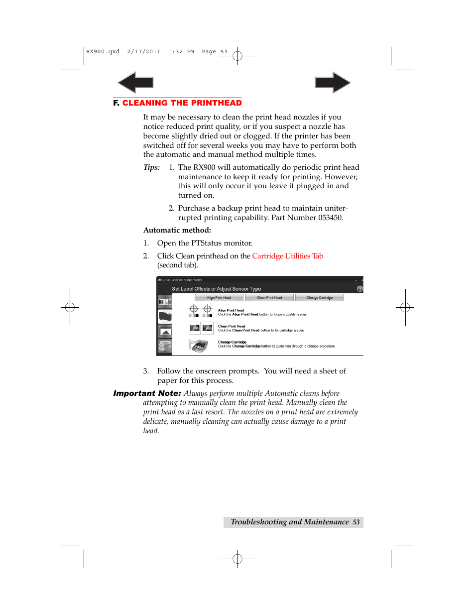 F. cleaning the printhead | Primera Technology RX900 User Manual | Page 57 / 68