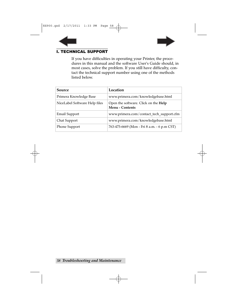 I. technical support | Primera Technology RX900 User Manual | Page 62 / 68