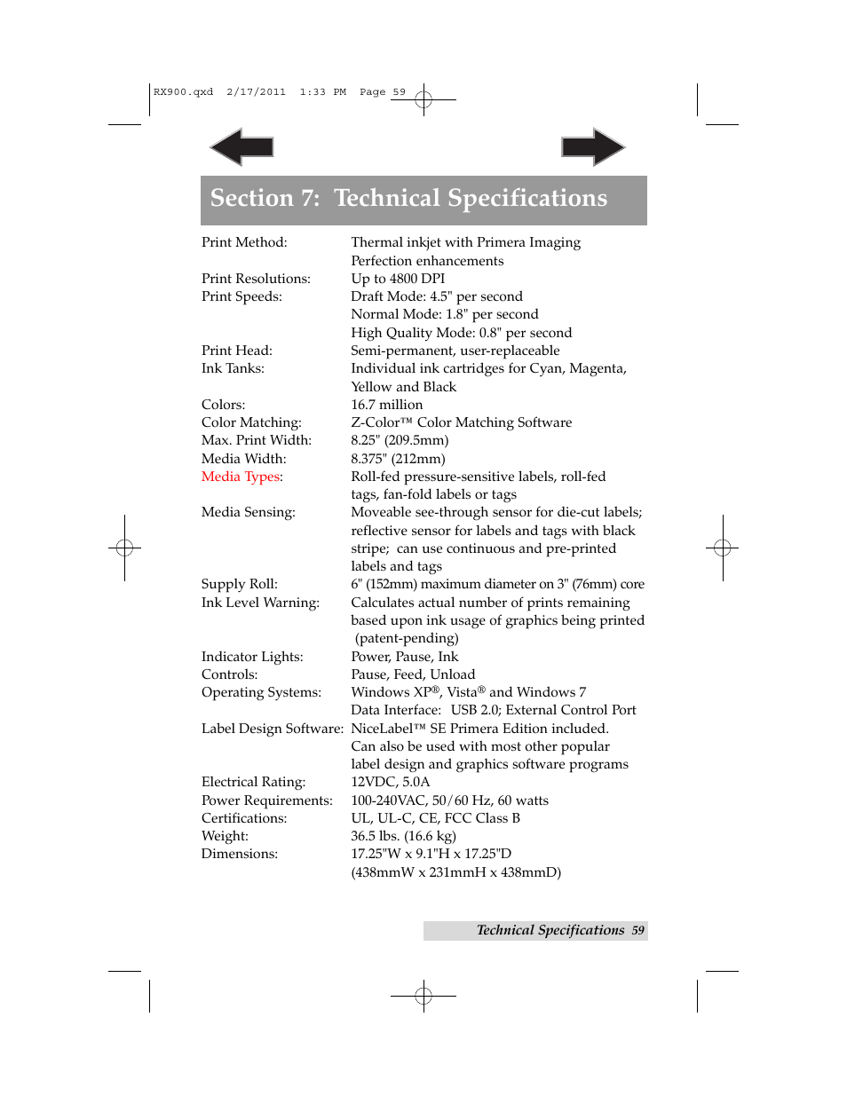 Section 7: technical specifications | Primera Technology RX900 User Manual | Page 63 / 68