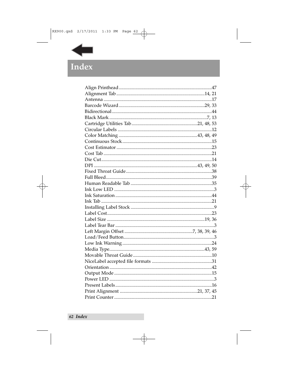 Index | Primera Technology RX900 User Manual | Page 66 / 68