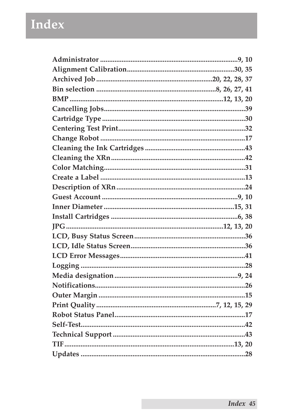 Index | Primera Technology DP-XRn User Manual | Page 49 / 53