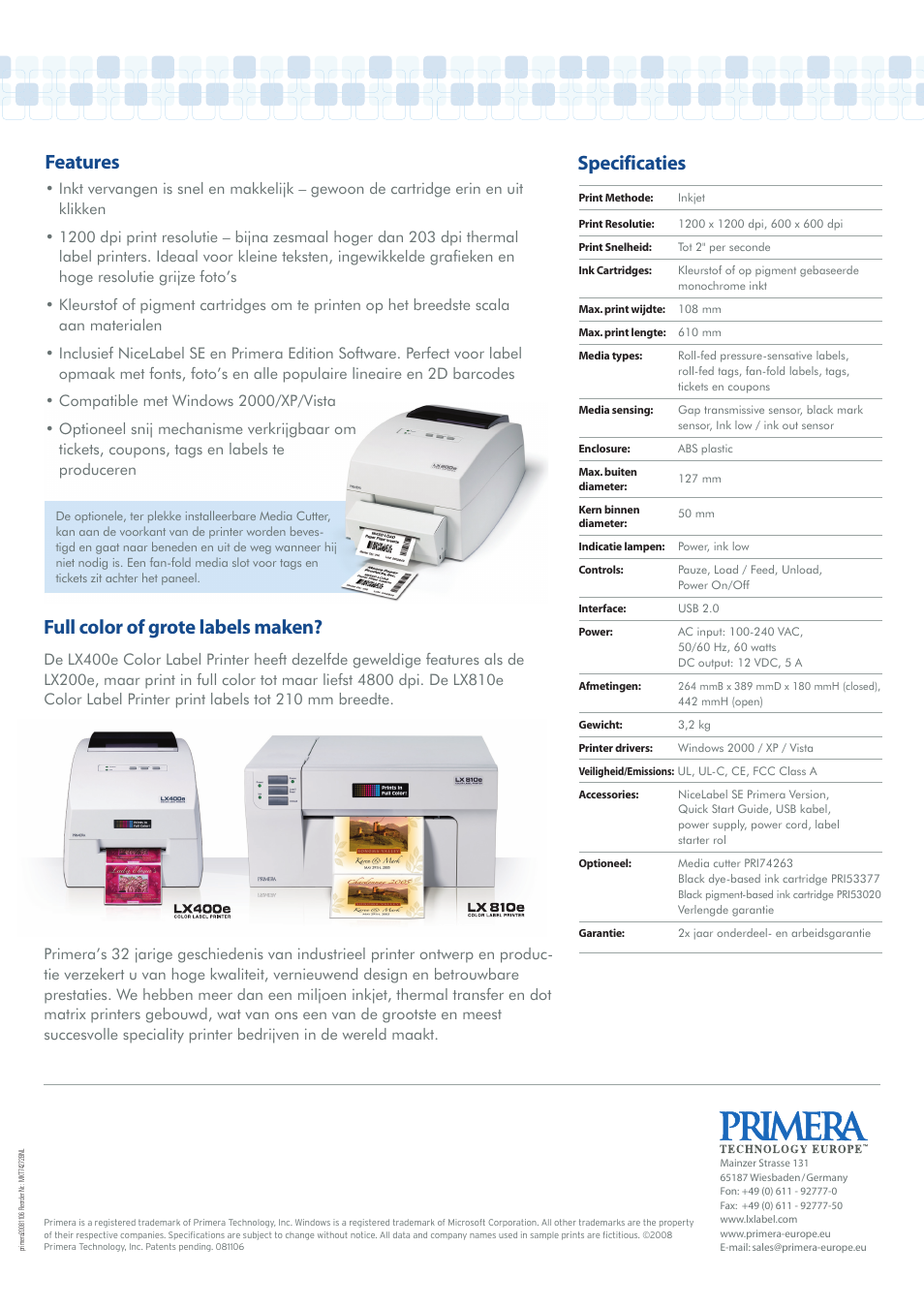 Features, Full color of grote labels maken, Specificaties | Primera Technology LX200e User Manual | Page 2 / 2