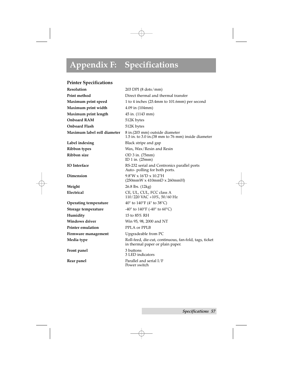 Appendix f: specifications | Primera Technology Cyclone C-1000 User Manual | Page 61 / 66