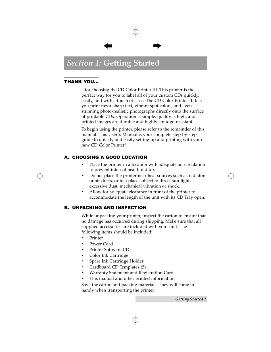 Section 1: getting started, A. choosing a good location, B. unpacking and inspection | Primera Technology 000424-510171-(05) User Manual | Page 11 / 68