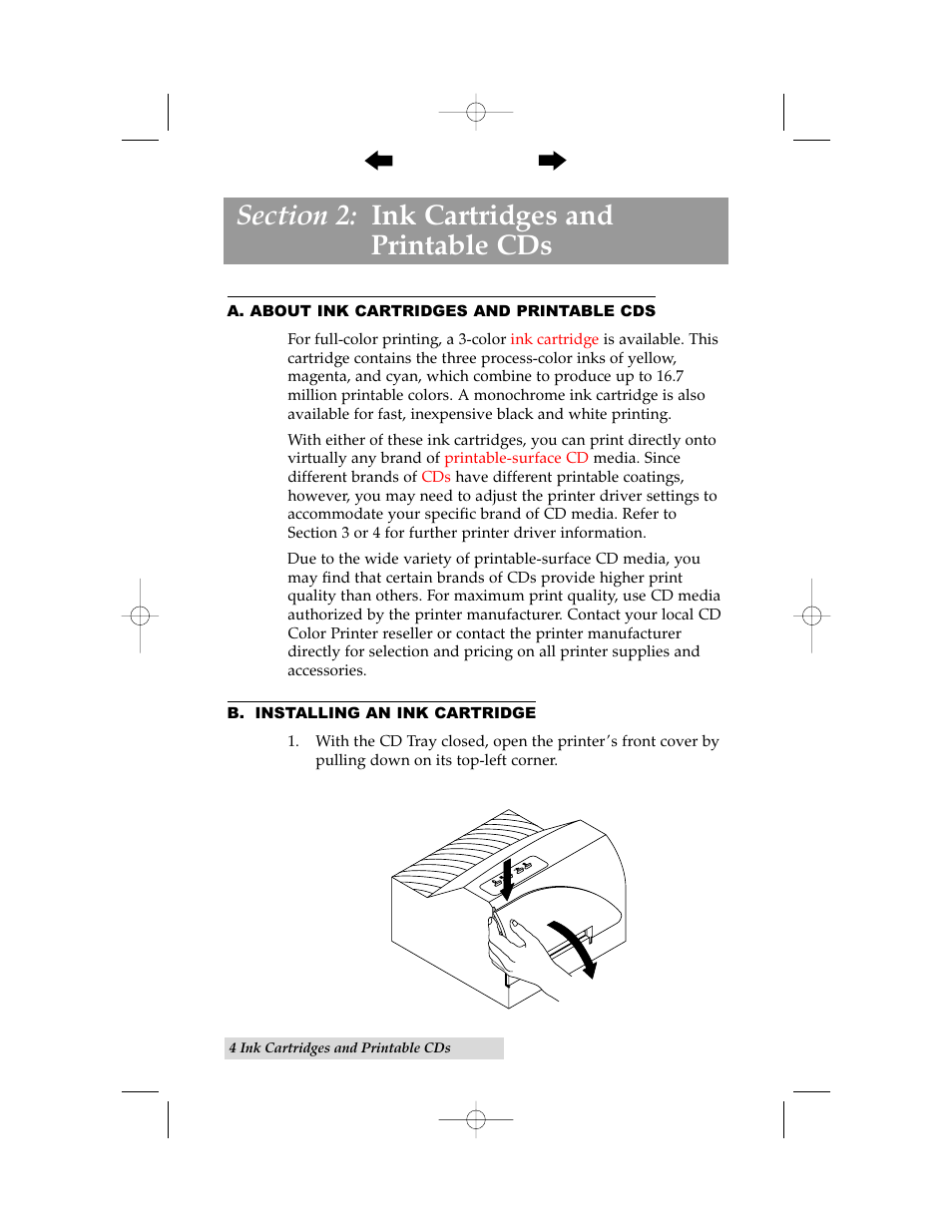 Section 2: ink cartridges and printable cds, A. about ink cartridges and printable cds, B. installing an ink cartridge | Primera Technology 000424-510171-(05) User Manual | Page 14 / 68