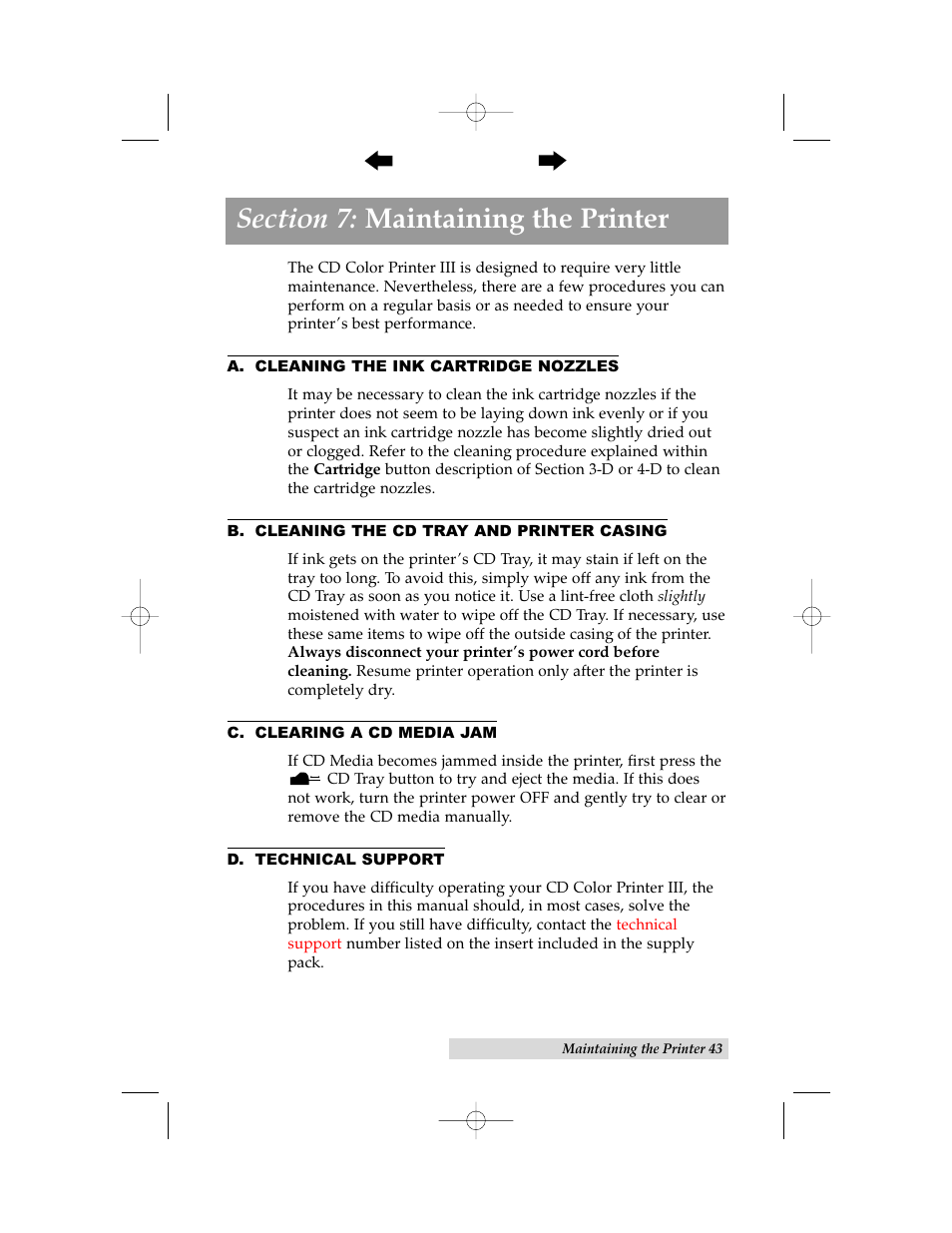 Section 7: maintaining the printer, A. cleaning the ink cartridge nozzles, B. cleaning the cd tray and printer casing | C. clearing a cd media jam, D. technical support | Primera Technology 000424-510171-(05) User Manual | Page 53 / 68