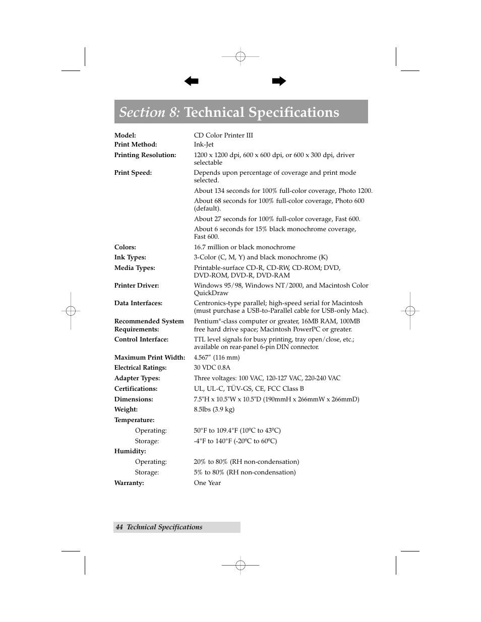 Section 8: technical specifications | Primera Technology 000424-510171-(05) User Manual | Page 54 / 68