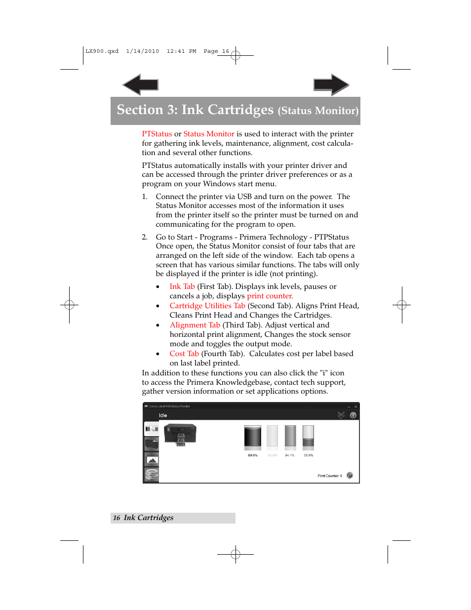 Section 3: ink cartridges (status monitor), Status monitor) | Primera Technology LX900 User Manual | Page 20 / 62