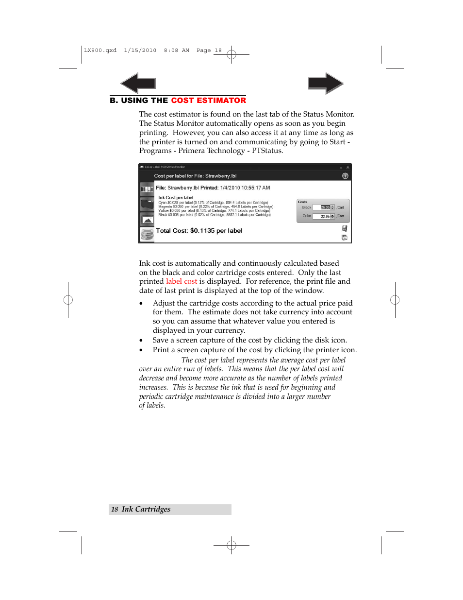 B. using the cost estimator | Primera Technology LX900 User Manual | Page 22 / 62