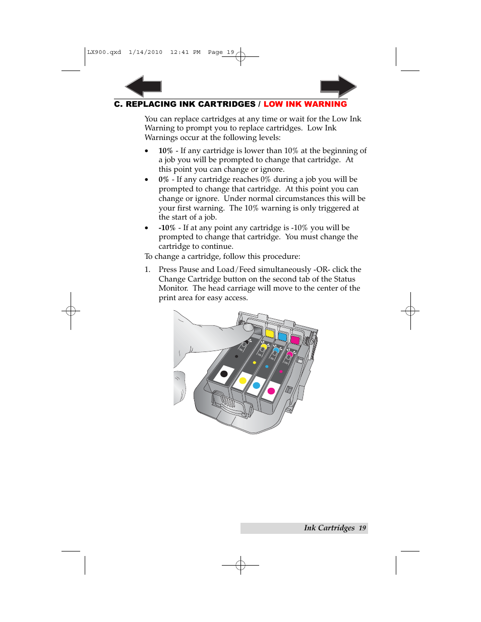 C. replacing ink cartridges/low ink warning | Primera Technology LX900 User Manual | Page 23 / 62