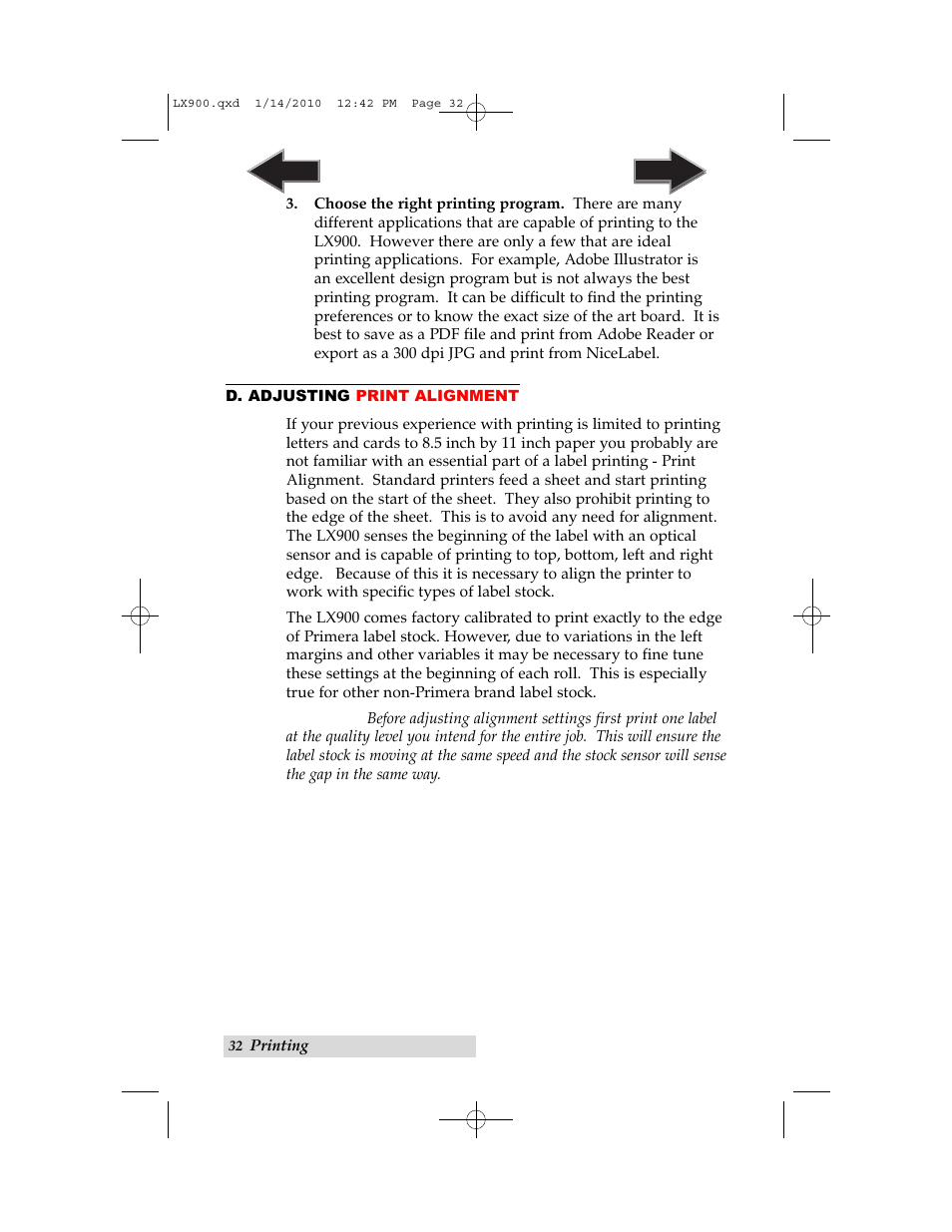 D. adjusting print alignment | Primera Technology LX900 User Manual | Page 36 / 62