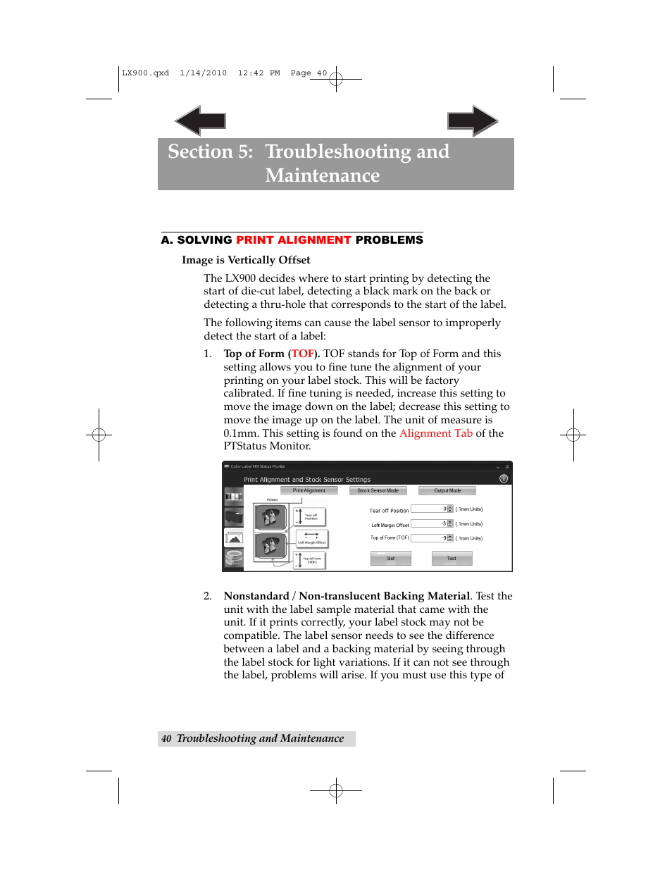 Section 5: troubleshooting and maintenance, A. solving print alignment problems | Primera Technology LX900 User Manual | Page 44 / 62
