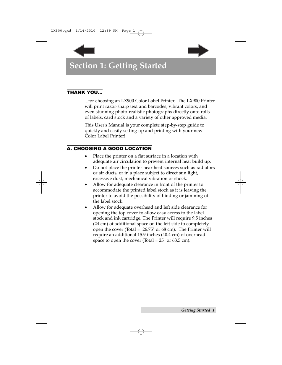 Section 1: getting started, A. choosing a good location | Primera Technology LX900 User Manual | Page 5 / 62