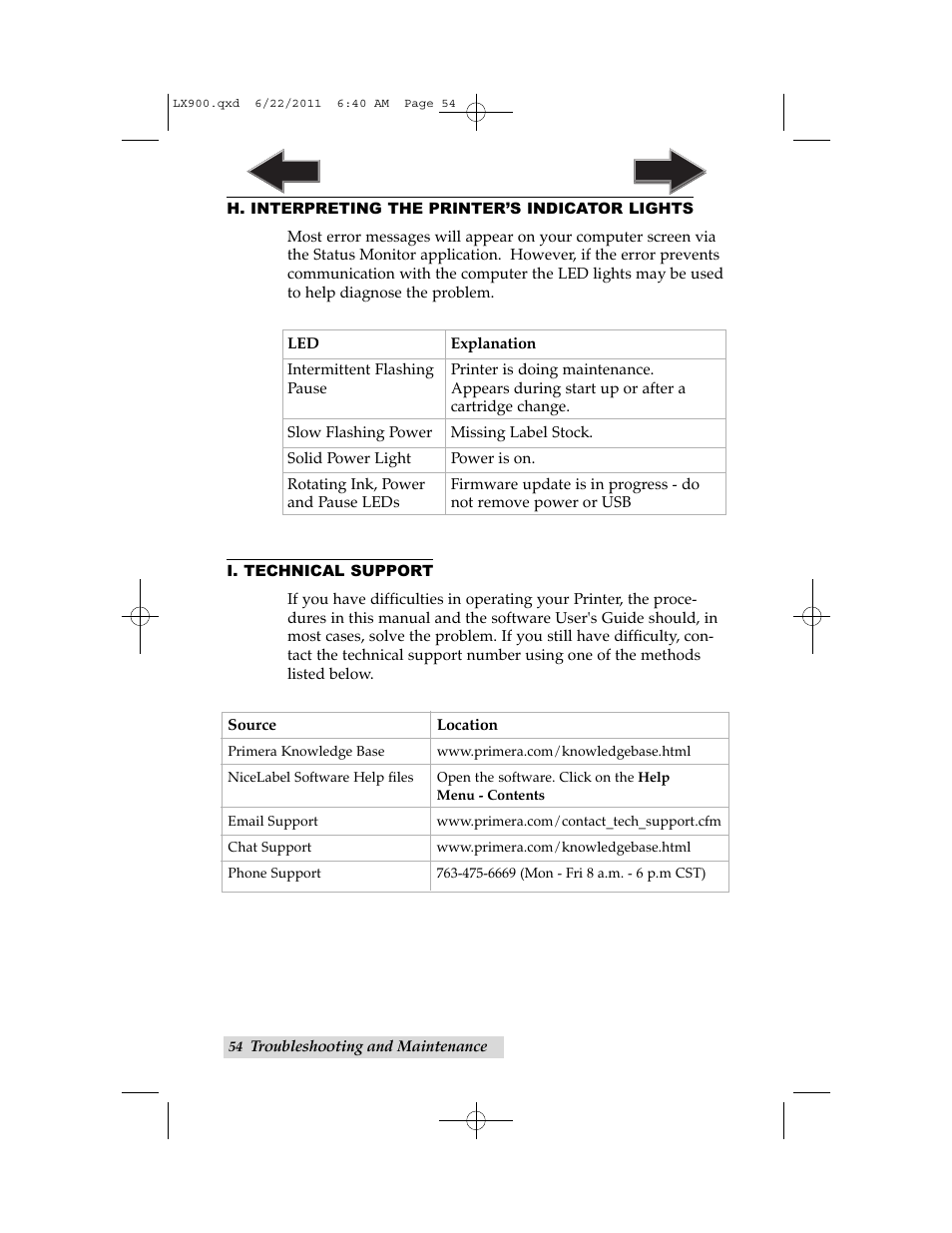 H. interpreting the printer’s indicator lights, I. technical support | Primera Technology LX900 User Manual | Page 58 / 62