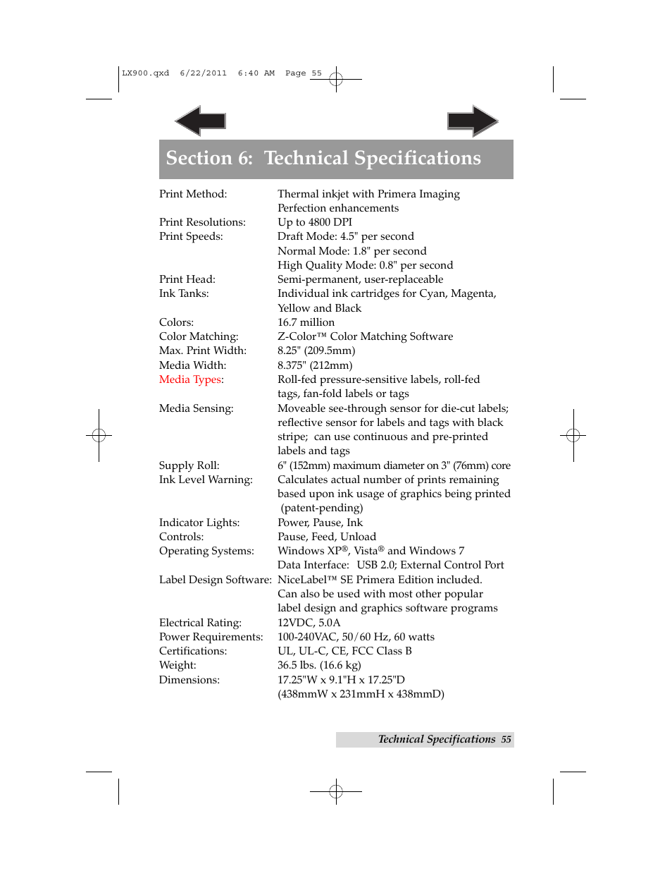 Section 6: technical specifications | Primera Technology LX900 User Manual | Page 59 / 62