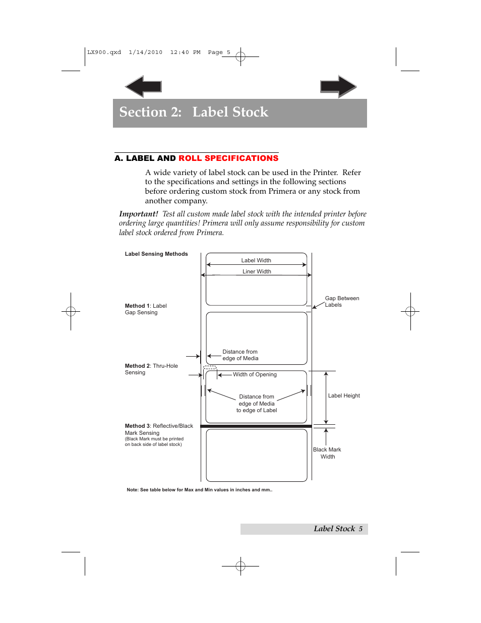 Section 2: label stock, A. label and roll specifications, Toc index toc toc index | Primera Technology LX900 User Manual | Page 9 / 62