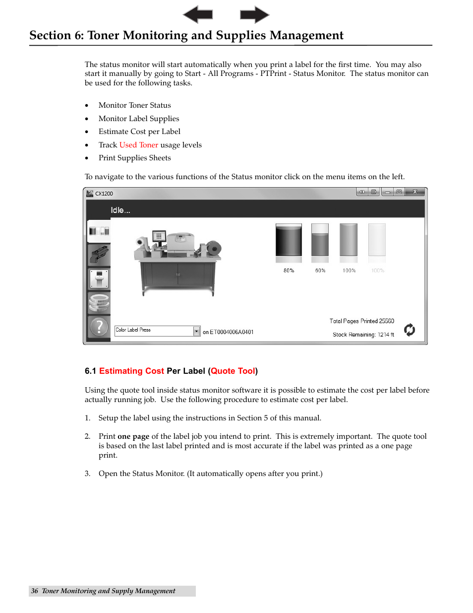 Section 6. toner monitoring and supply management, 1 estimating cost per label (quote tool), Toner monitoring & supply management | Primera Technology CX1200 User Manual | Page 40 / 64