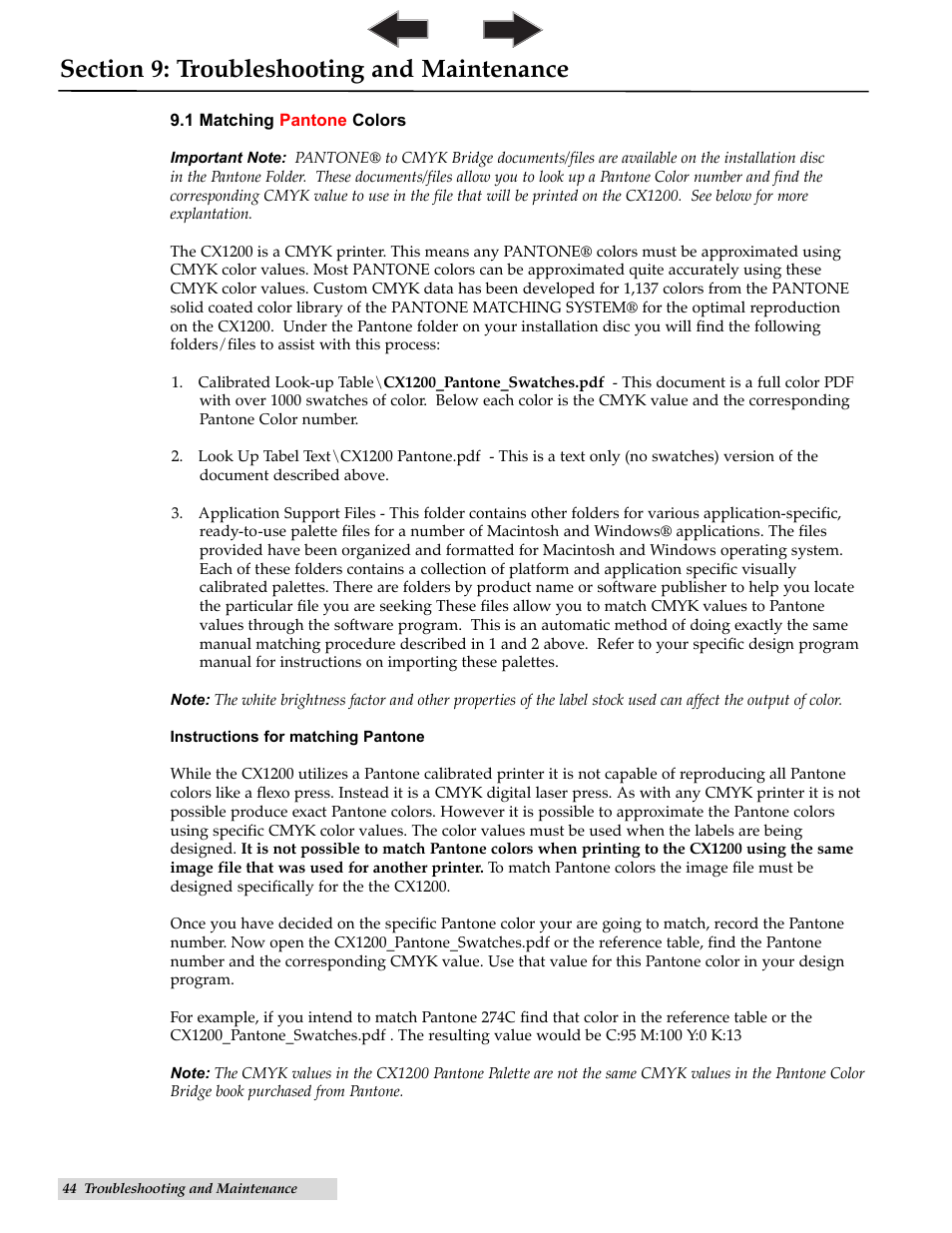 Section 9. maintenance and troubleshooting, 1 color matching, Maintenance and troubleshooting | Primera Technology CX1200 User Manual | Page 48 / 64