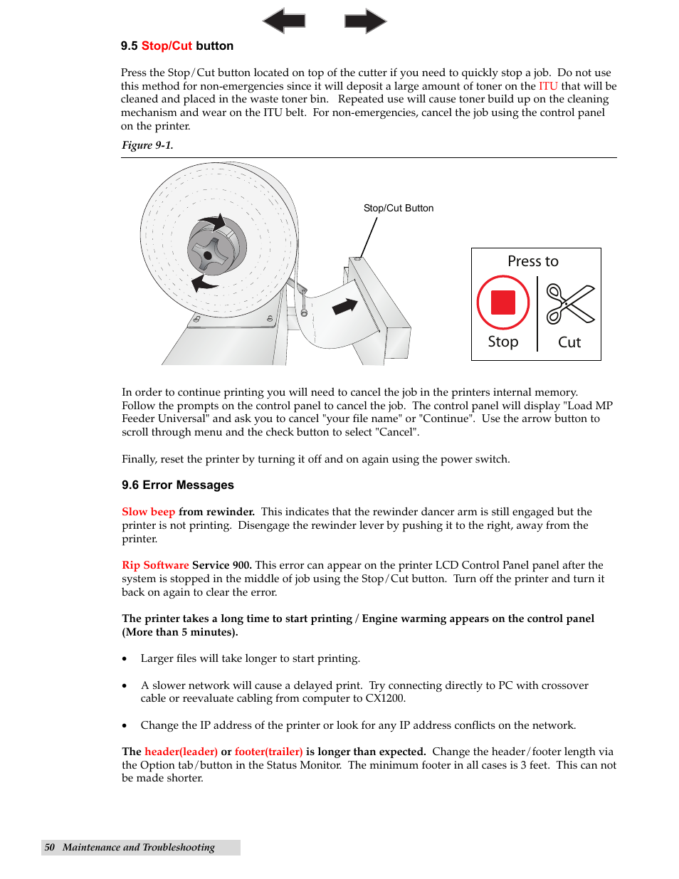 5 stop/cut button, 6 error messages, 5 stop/cut button 9.6 error messages | Stop press to cut | Primera Technology CX1200 User Manual | Page 54 / 64