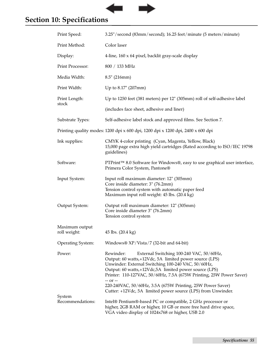 Section 10. specifications, Specifications | Primera Technology CX1200 User Manual | Page 59 / 64