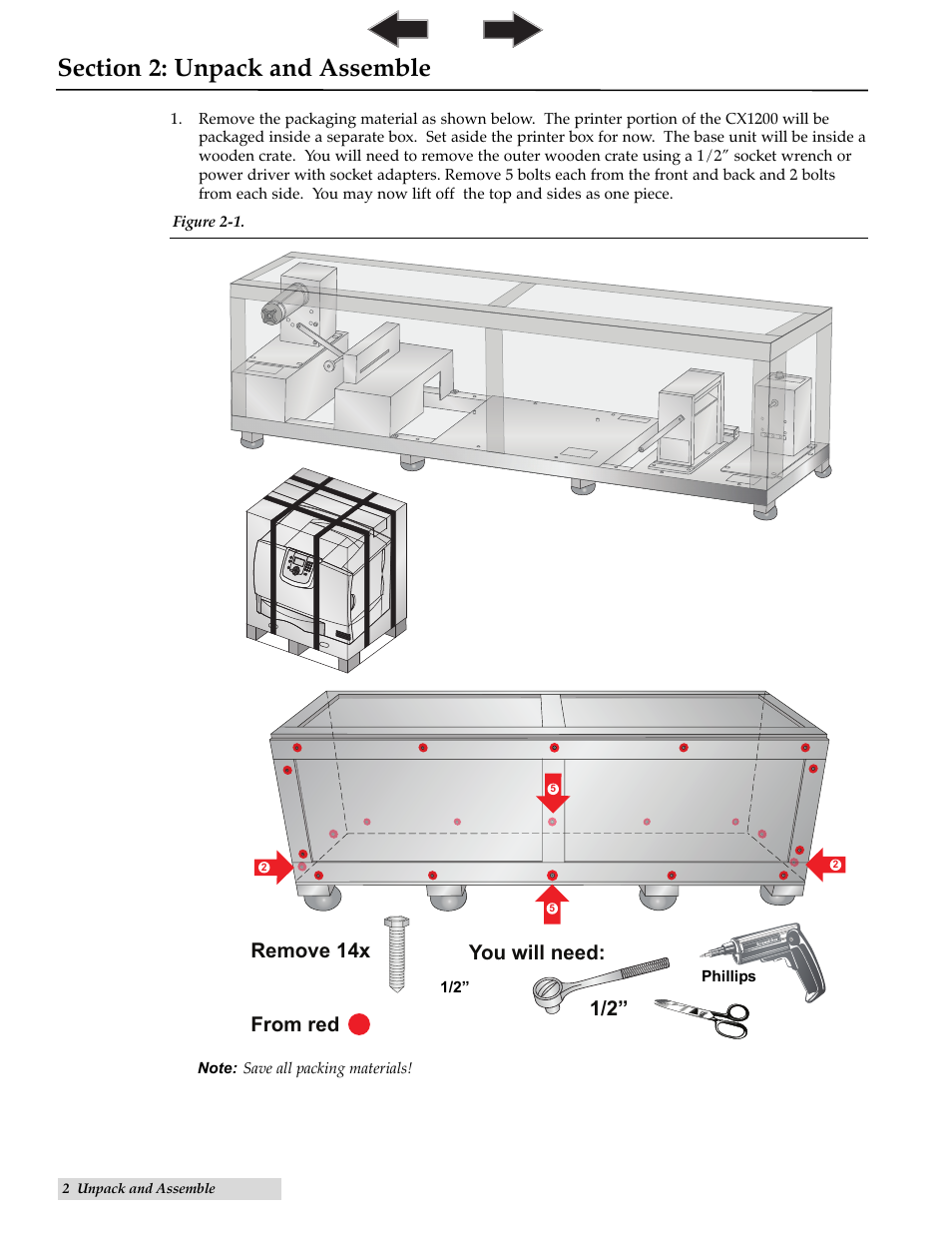 Section 2. unpack and assemble, Unpack and assemble, 1/2” you will need: remove 14x from red | Primera Technology CX1200 User Manual | Page 6 / 64