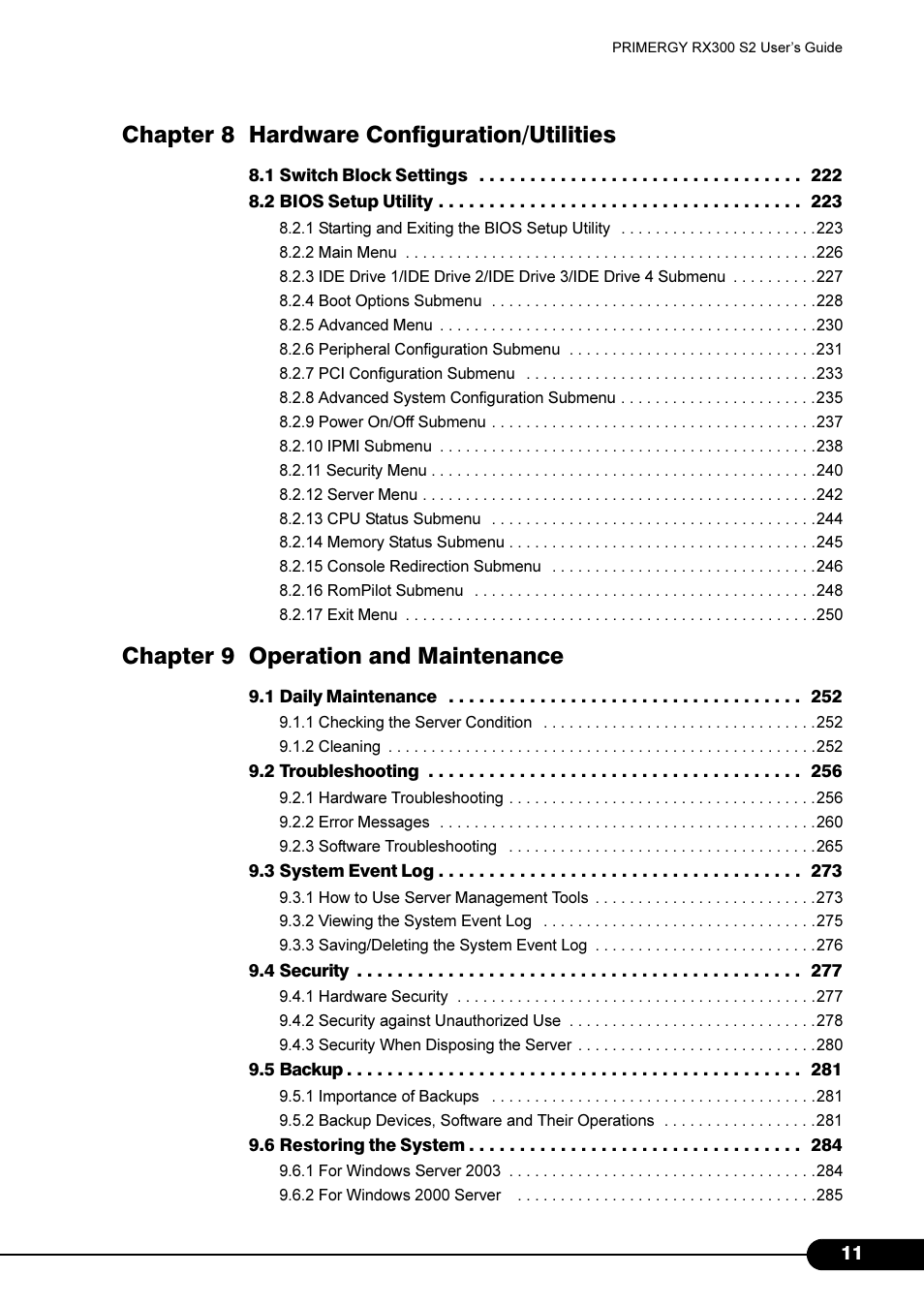 Chapter 8 hardware configuration/utilities, Chapter 9 operation and maintenance | Primera Technology Fujitsu Tape Drive RX300 S2 User Manual | Page 11 / 311