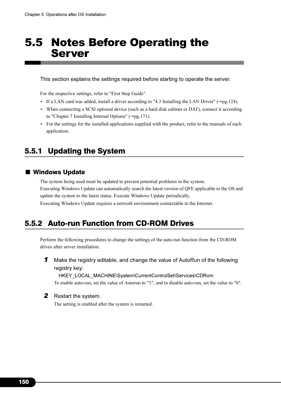 5 notes before operating the server, 1 updating the system, 2 auto-run function from cd-rom drives | Primera Technology Fujitsu Tape Drive RX300 S2 User Manual | Page 150 / 311