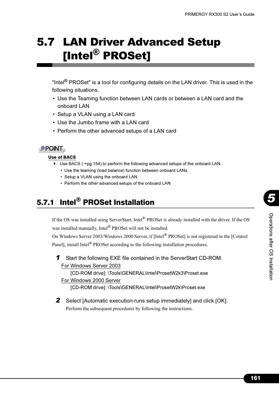 7 lan driver advanced setup [intel(r) proset, 1 intel(r) proset installation, 7 lan driver advanced setup [intel® proset | 1 intel® proset installation, 7 lan driver advanced setup [intel, Proset, 1 intel, Proset installation | Primera Technology Fujitsu Tape Drive RX300 S2 User Manual | Page 161 / 311