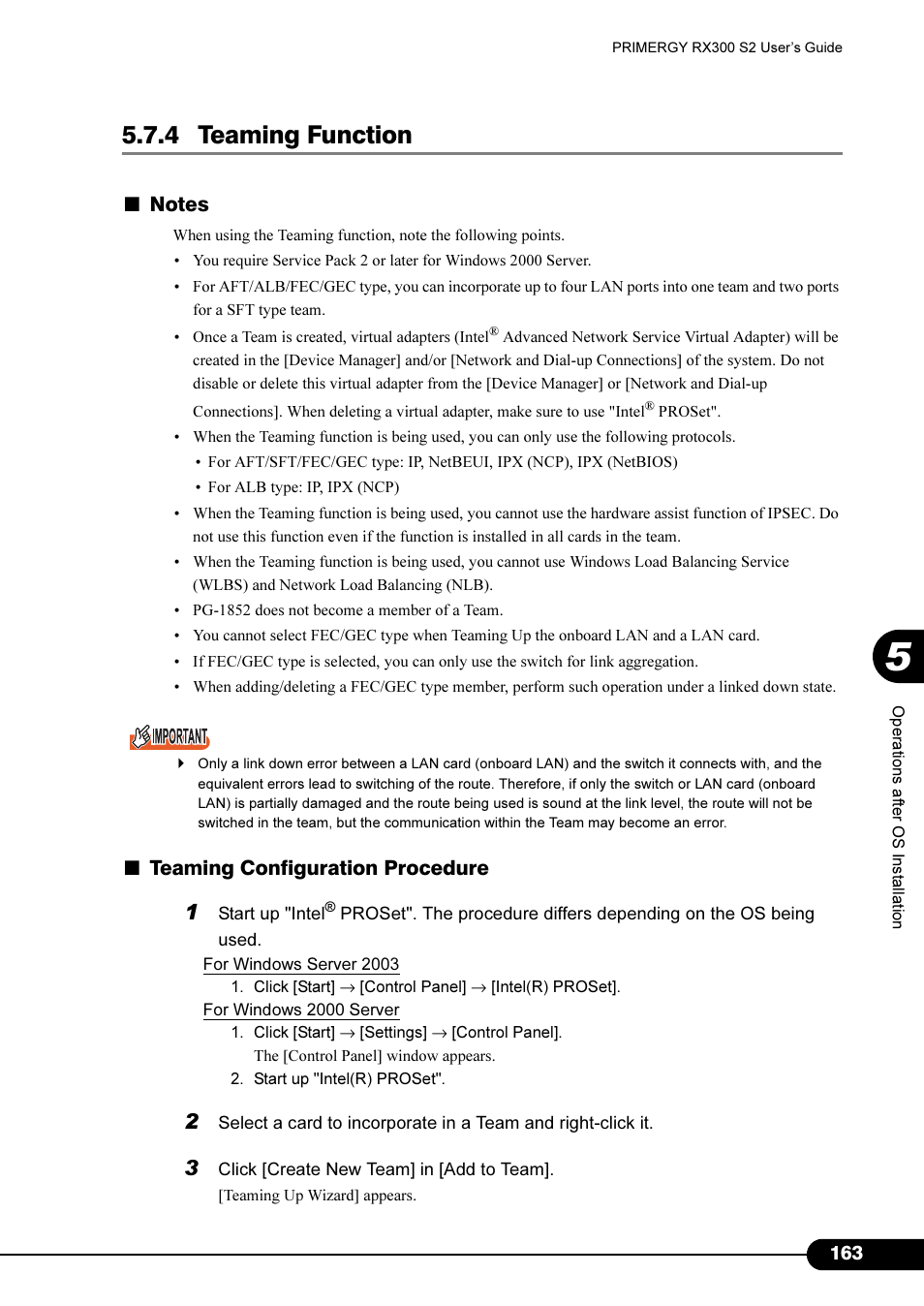 4 teaming function, Teaming configuration procedure | Primera Technology Fujitsu Tape Drive RX300 S2 User Manual | Page 163 / 311