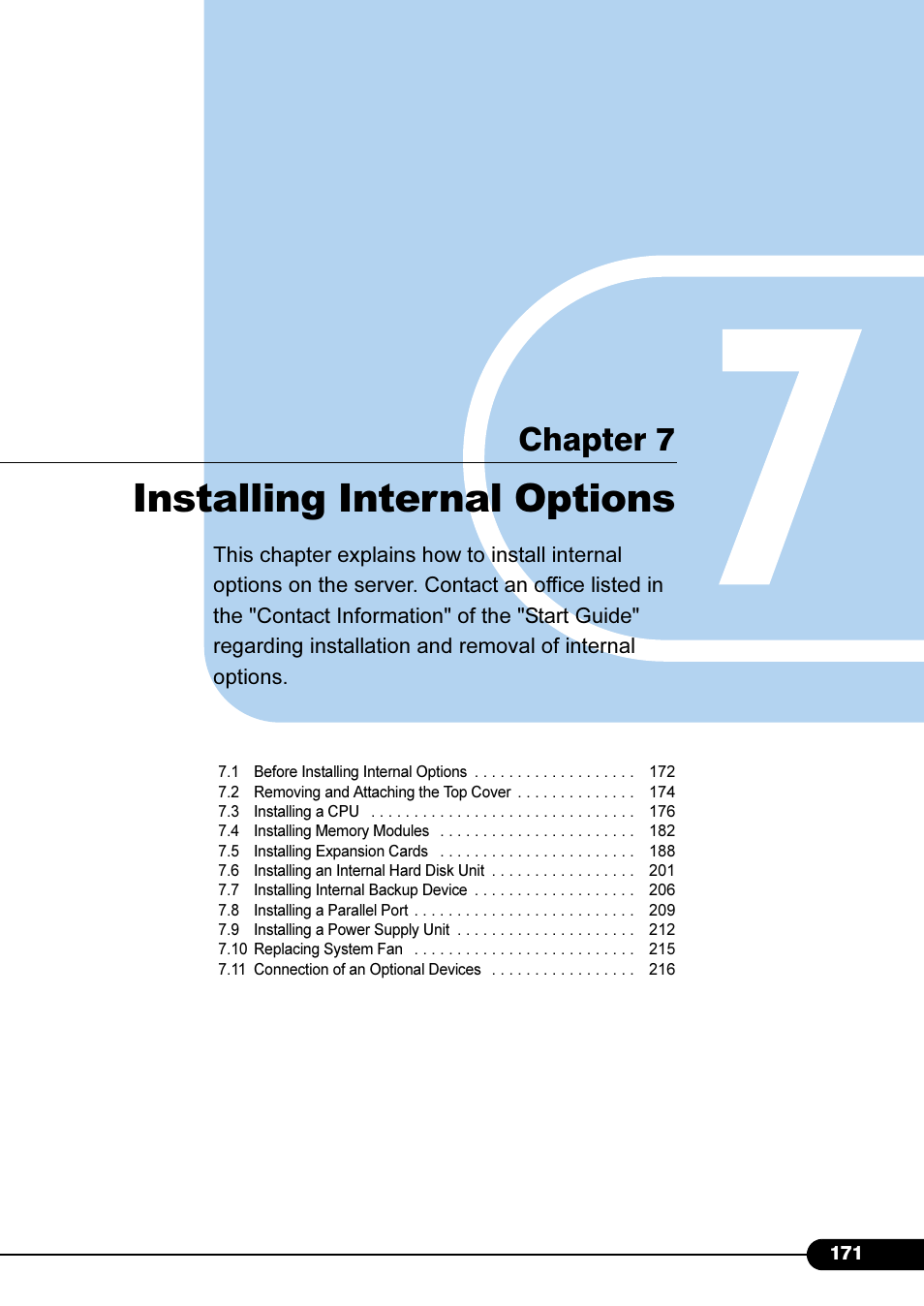 Chapter7 installing internal options, Installing internal options, Chapter 7 installing internal options | Chapter 7 | Primera Technology Fujitsu Tape Drive RX300 S2 User Manual | Page 171 / 311