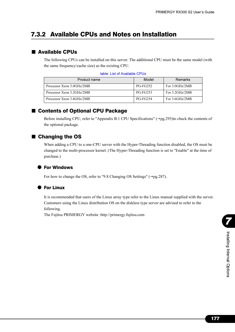 2 available cpus and notes on installation, Available cpus, Contents of optional cpu package | Changing the os | Primera Technology Fujitsu Tape Drive RX300 S2 User Manual | Page 177 / 311