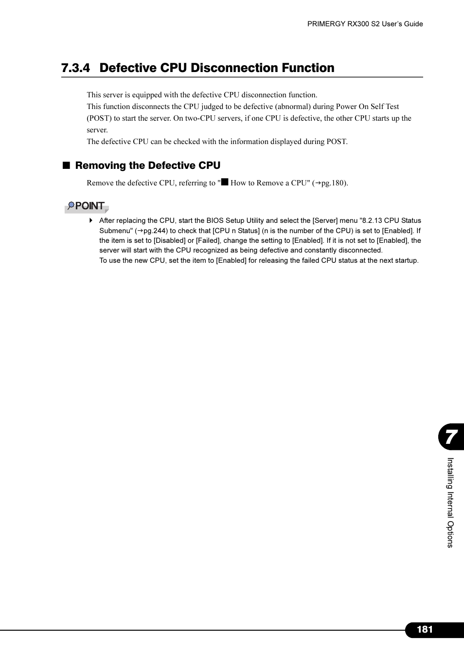 4 defective cpu disconnection function, Removing the defective cpu | Primera Technology Fujitsu Tape Drive RX300 S2 User Manual | Page 181 / 311