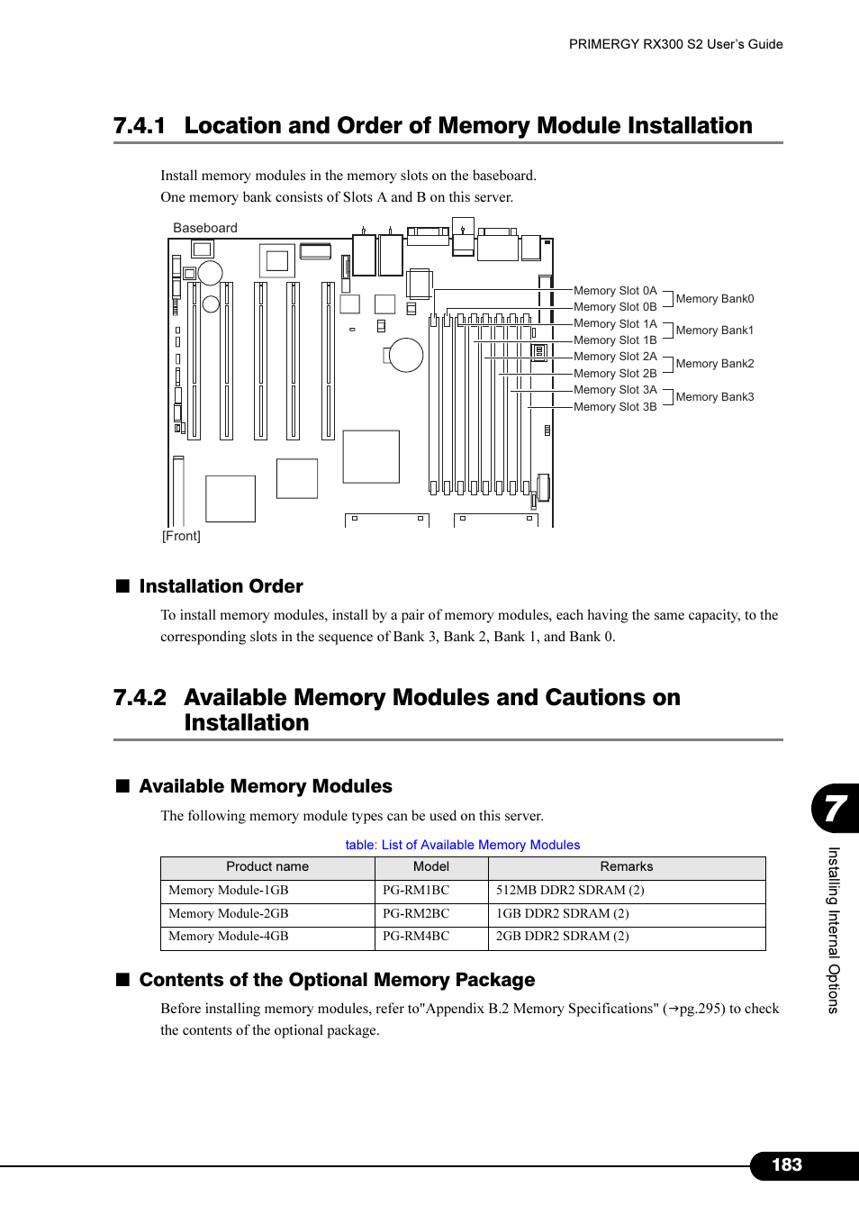 1 location and order of memory module installation, Installation order | Primera Technology Fujitsu Tape Drive RX300 S2 User Manual | Page 183 / 311