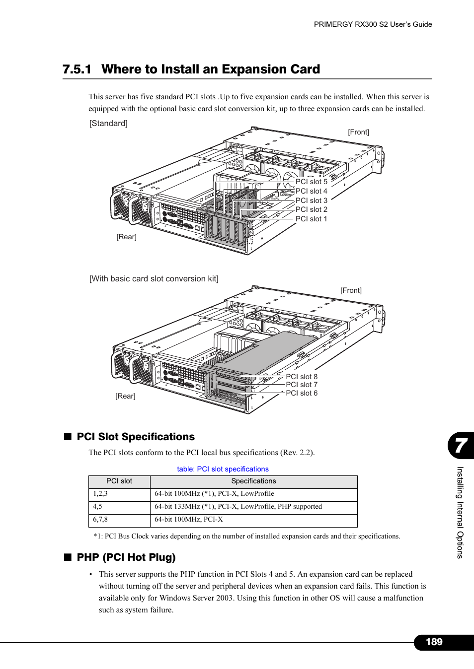 1 where to install an expansion card, Pci slot specifications | Primera Technology Fujitsu Tape Drive RX300 S2 User Manual | Page 189 / 311
