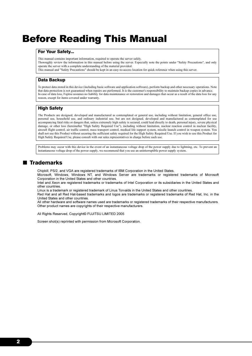 Before reading this manual, Trademarks | Primera Technology Fujitsu Tape Drive RX300 S2 User Manual | Page 2 / 311