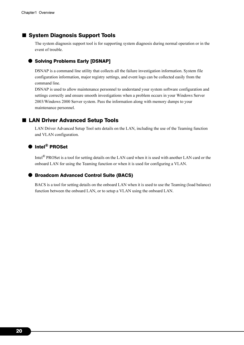 System diagnosis support tools, Lan driver advanced setup tools | Primera Technology Fujitsu Tape Drive RX300 S2 User Manual | Page 20 / 311