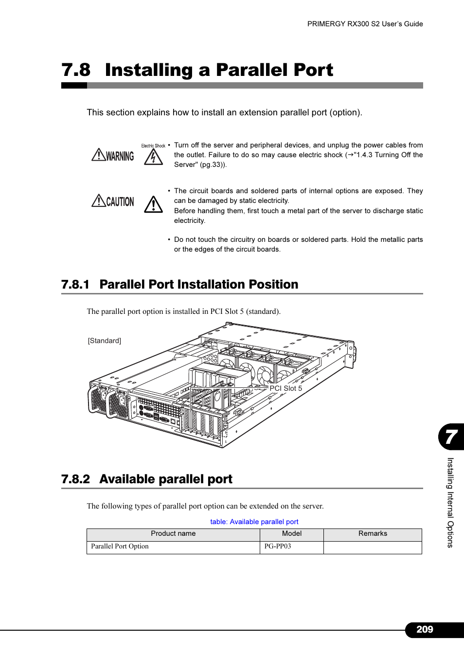 8 installing a parallel port, 1 parallel port installation position, 2 available parallel port | Primera Technology Fujitsu Tape Drive RX300 S2 User Manual | Page 209 / 311