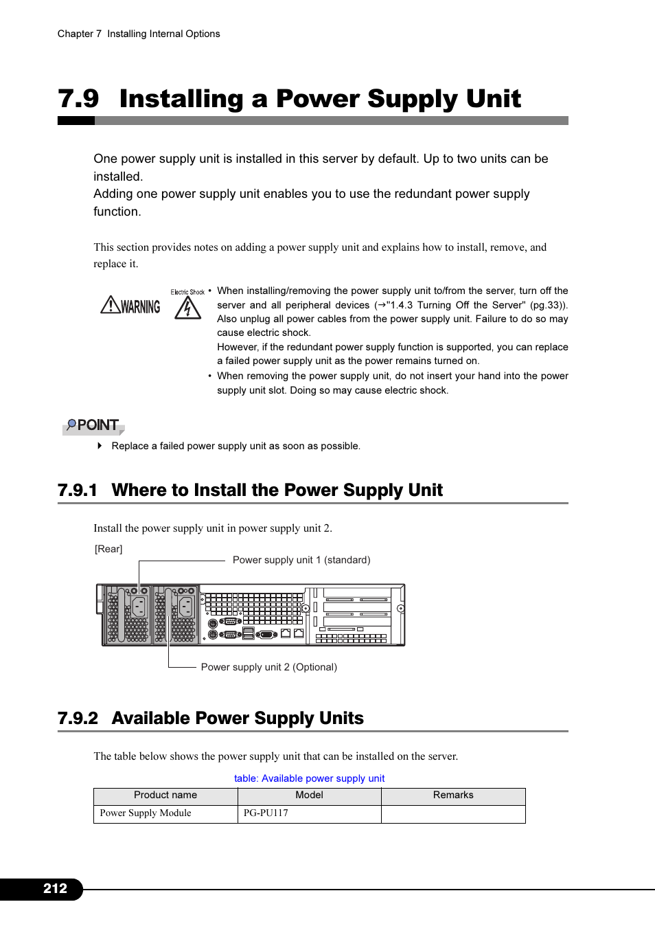 9 installing a power supply unit, 1 where to install the power supply unit, 2 available power supply units | Primera Technology Fujitsu Tape Drive RX300 S2 User Manual | Page 212 / 311