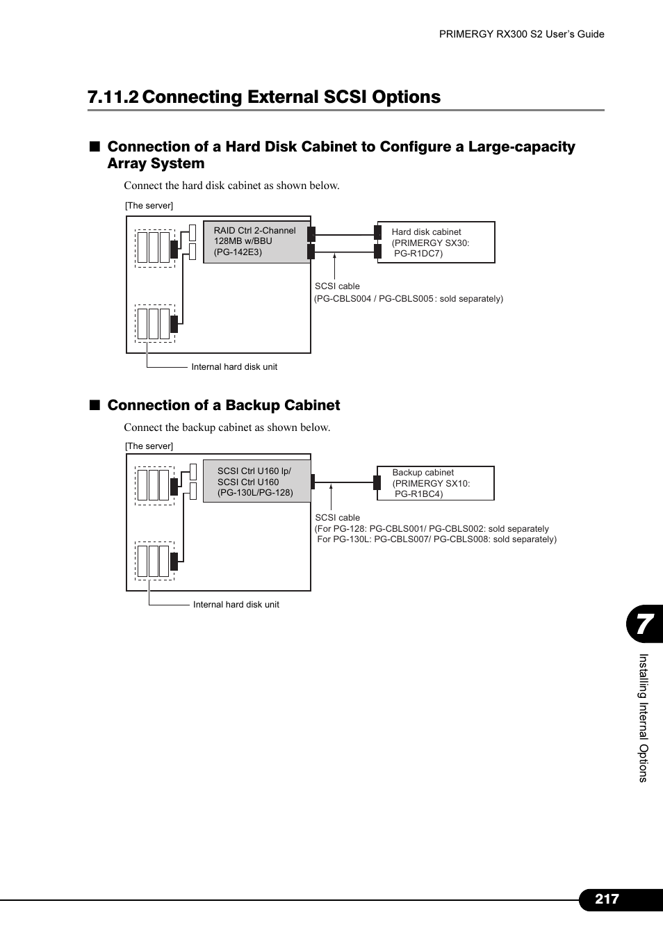 2 connecting external scsi options, Connection of a backup cabinet | Primera Technology Fujitsu Tape Drive RX300 S2 User Manual | Page 217 / 311