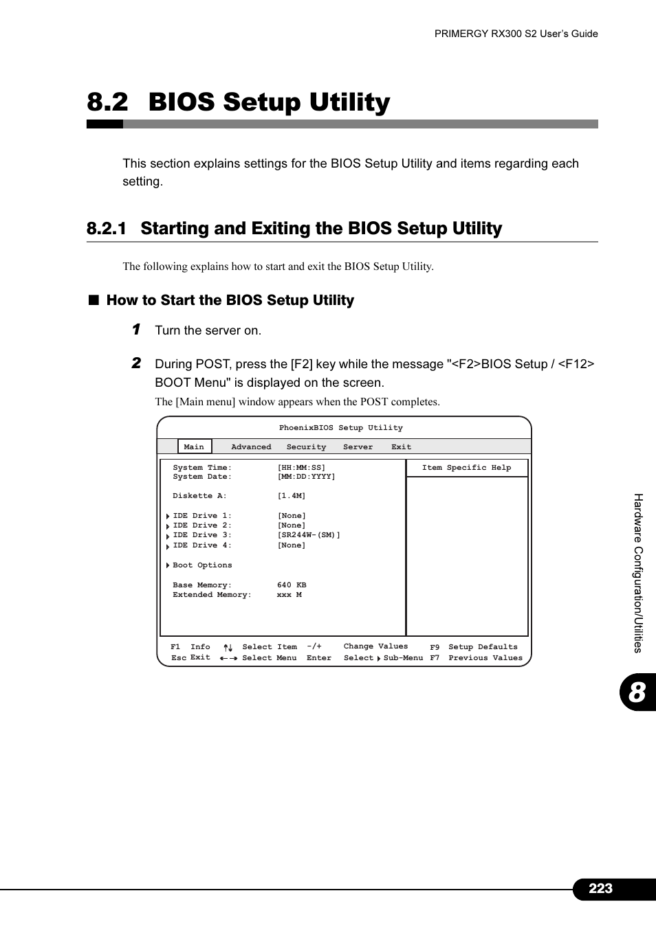 2 bios setup utility, 1 starting and exiting the bios setup utility, 2 bios setup utility" ( pg.223) | How to start the bios setup utility | Primera Technology Fujitsu Tape Drive RX300 S2 User Manual | Page 223 / 311