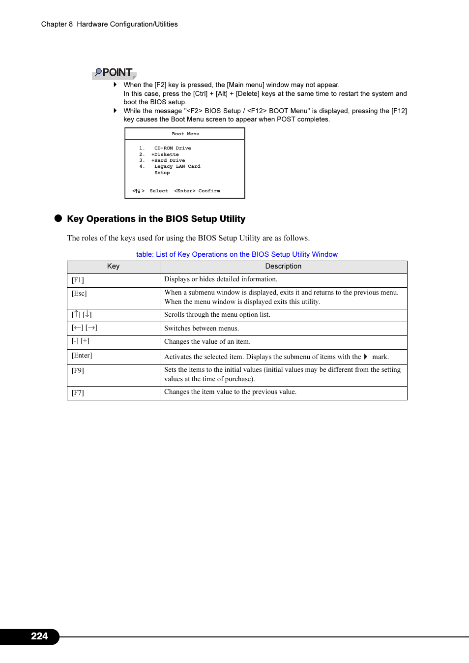 Key operations in the bios setup utility | Primera Technology Fujitsu Tape Drive RX300 S2 User Manual | Page 224 / 311