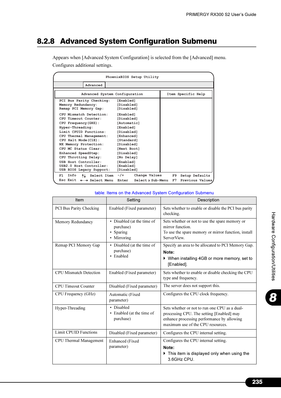 8 advanced system configuration submenu, 8 advanced system configuration, Submenu" (pg.235) | Primera Technology Fujitsu Tape Drive RX300 S2 User Manual | Page 235 / 311