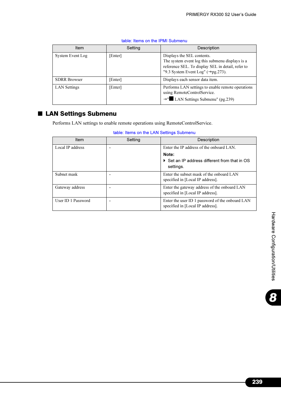 Lan settings submenu | Primera Technology Fujitsu Tape Drive RX300 S2 User Manual | Page 239 / 311