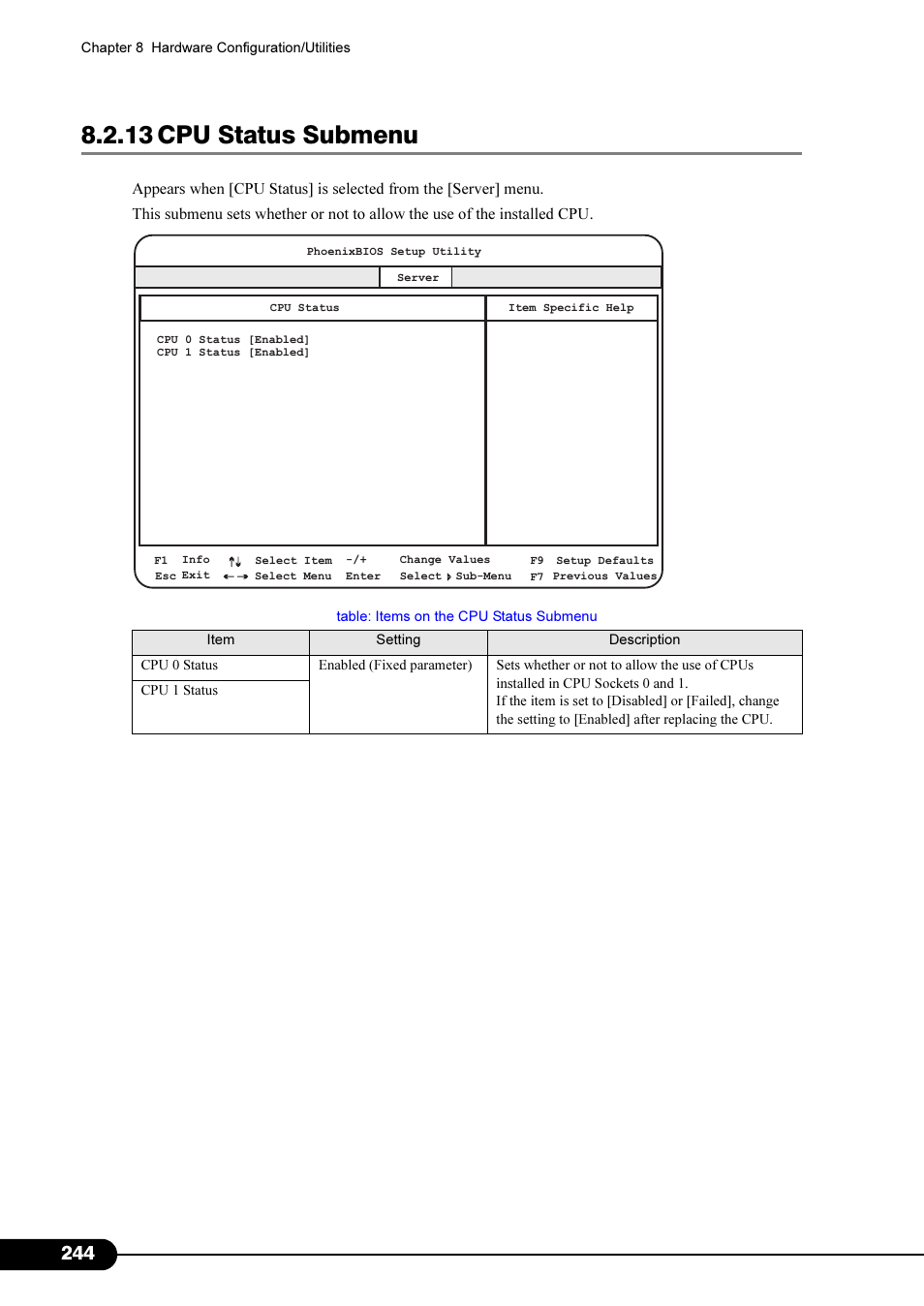 13 cpu status submenu, 13 cpu status, Submenu" ( pg.244) to check | Primera Technology Fujitsu Tape Drive RX300 S2 User Manual | Page 244 / 311