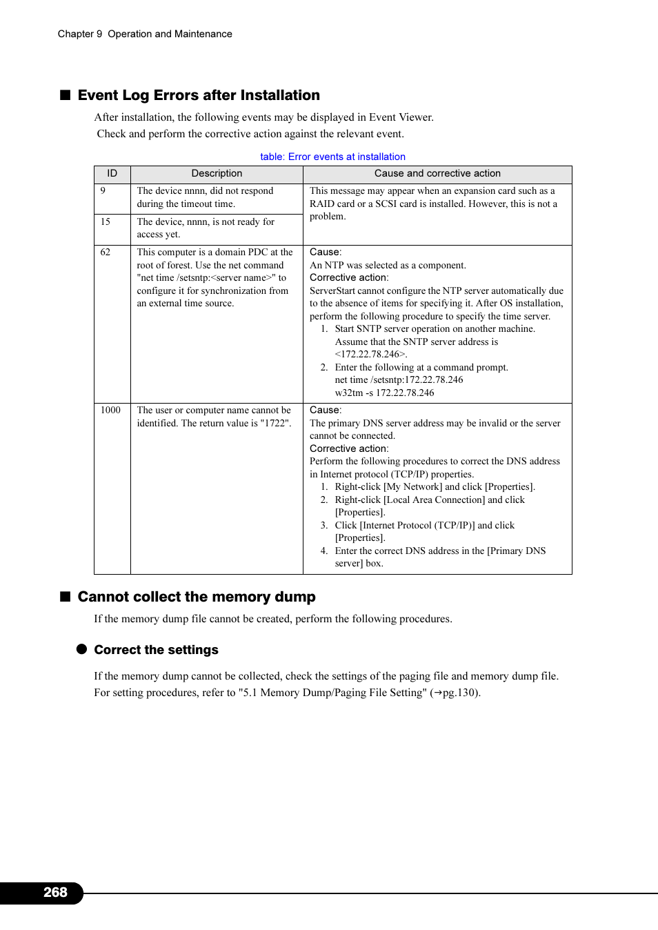 Cannot collect the memory dump" ( pg.268), Cannot collect the memory dump, Pg.268) | Event log errors after installation | Primera Technology Fujitsu Tape Drive RX300 S2 User Manual | Page 268 / 311