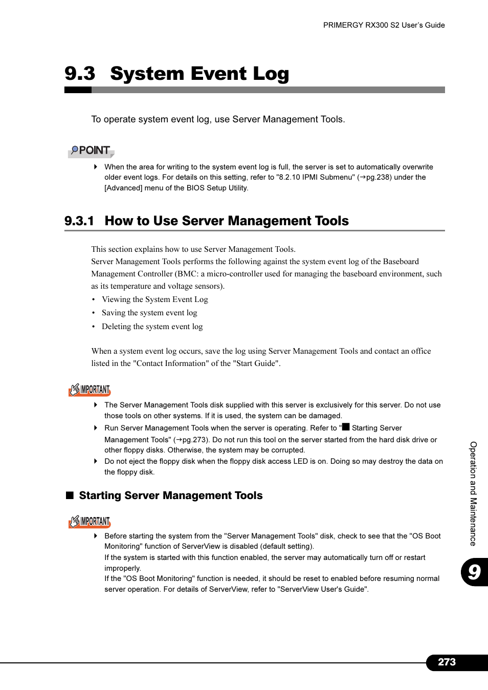 3 system event log, 1 how to use server management tools, 3 system event log" ( pg.273) | Starting server management tools | Primera Technology Fujitsu Tape Drive RX300 S2 User Manual | Page 273 / 311