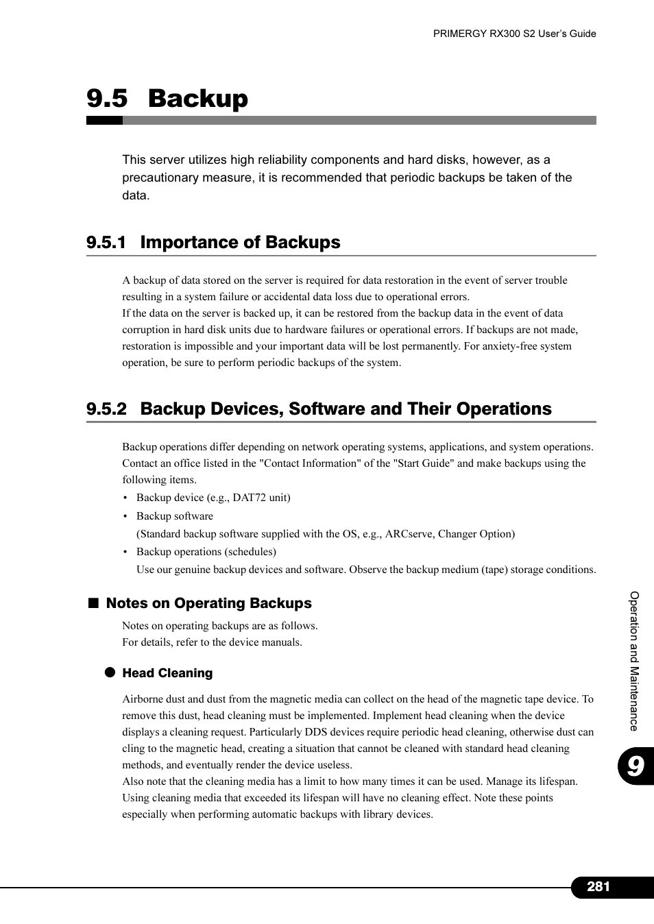 5 backup, 1 importance of backups, 2 backup devices, software and their operations | Primera Technology Fujitsu Tape Drive RX300 S2 User Manual | Page 281 / 311