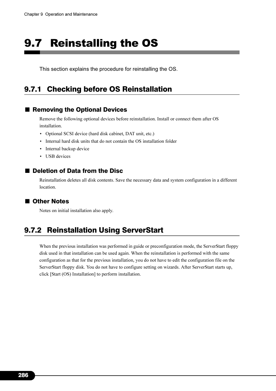 7 reinstalling the os, 1 checking before os reinstallation, 2 reinstallation using serverstart | Primera Technology Fujitsu Tape Drive RX300 S2 User Manual | Page 286 / 311