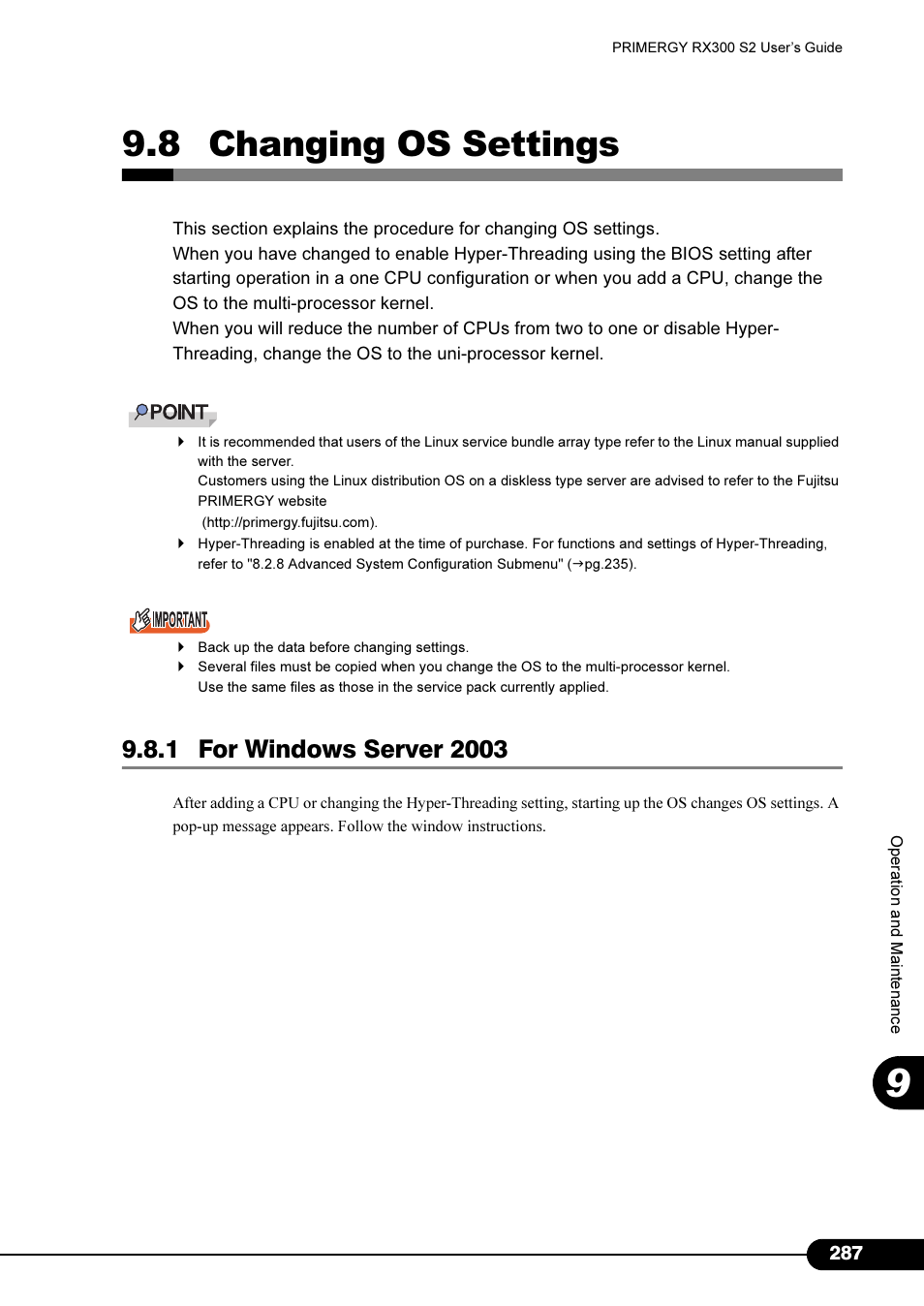 8 changing os settings, 1 for windows server 2003 | Primera Technology Fujitsu Tape Drive RX300 S2 User Manual | Page 287 / 311