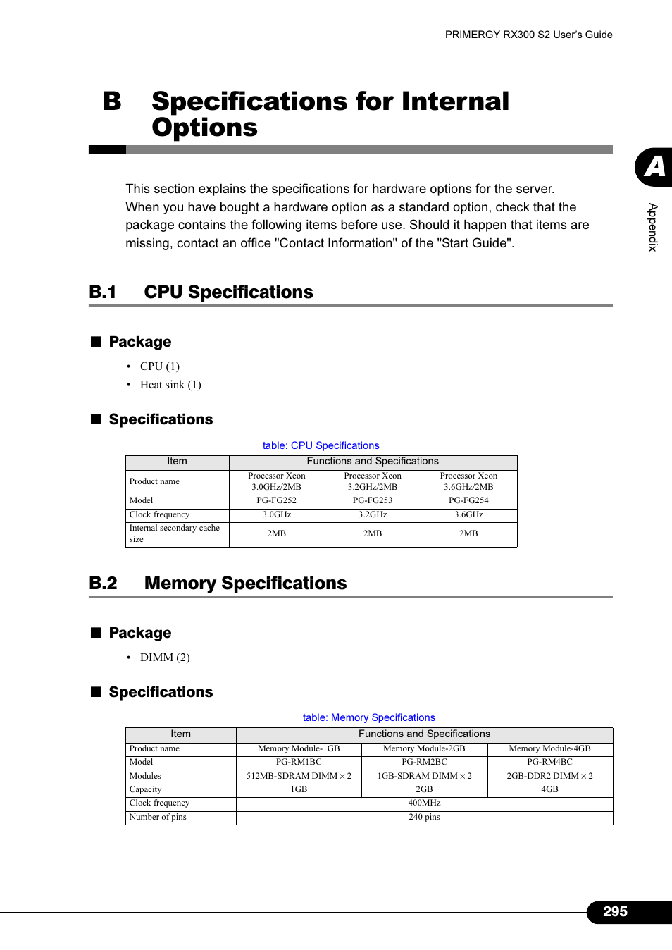 B specifications for internal options, B.1 cpu specifications, B.2 memory specifications | Package, Specifications | Primera Technology Fujitsu Tape Drive RX300 S2 User Manual | Page 295 / 311